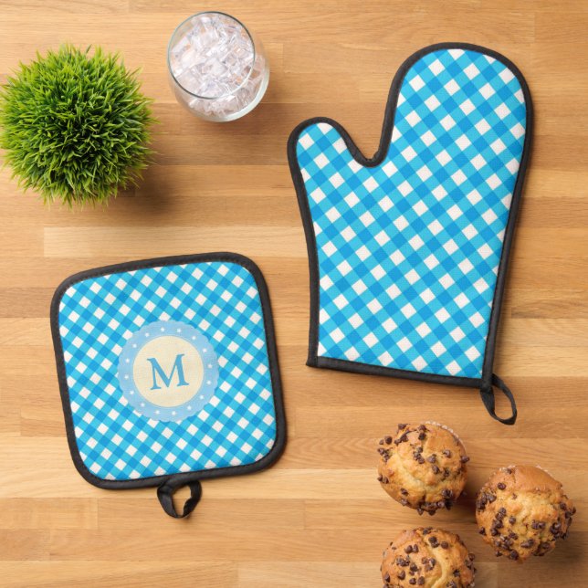 Monogram Bright Blue Gingham Pattern Oven Mitt & Pot Holder Set (Top Down)