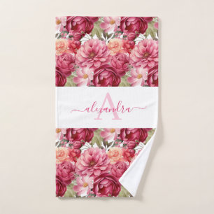Monogram Bright Pink Floral Elegant Towel Set