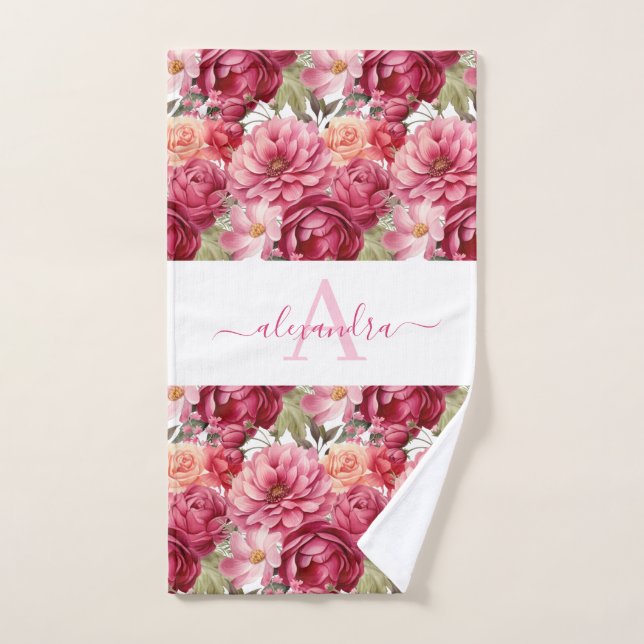 Monogram Bright Pink Floral Elegant Towel Set (Hand Towel)
