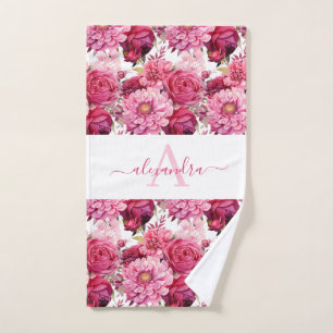 Monogram Bright Pink Floral Elegant Towel Set