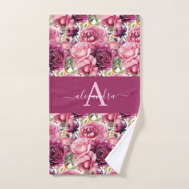 Monogram Bright Pink Floral Elegant Towel Set (Hand Towel)