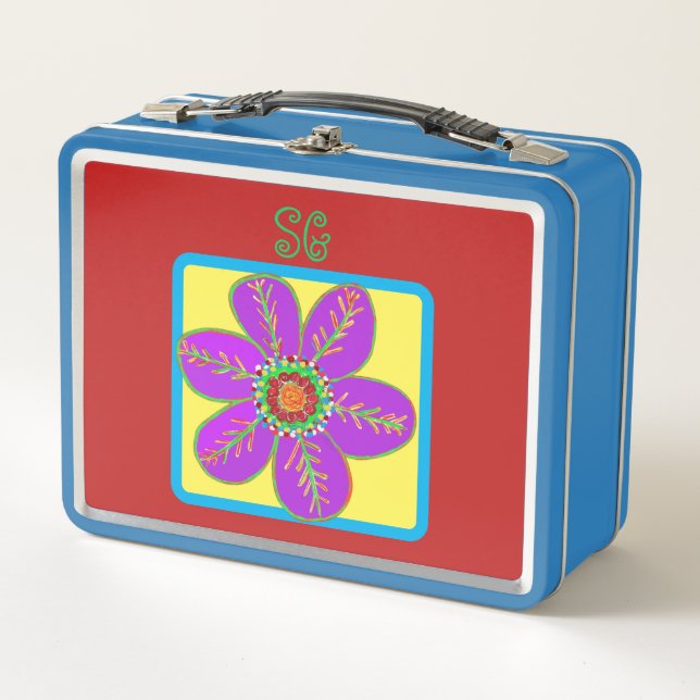 Monogram Bright Purple Green Flowers Metal Lunch Box (Front)