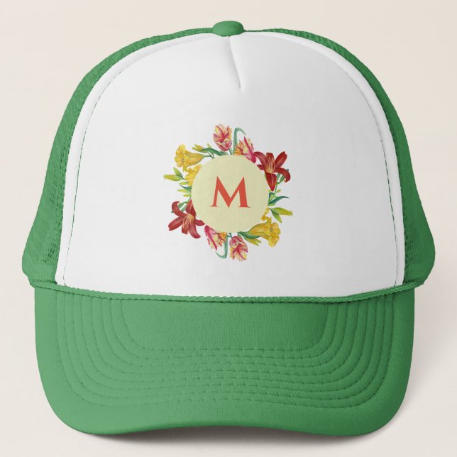 Monogram Bright Spring Flowers Wreath Illustration Trucker Hat (Front)