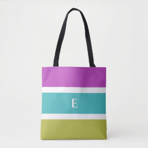 Monogram Bright Striped Pink Blue Green Patterned Tote Bag
