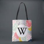 Monogram Bright Summee Tropical Collage Pattern Tote Bag<br><div class="desc">A summer inspired tropical print. cheese plant leaves and exotic flowers mixed with spots and geo shapes. The pastel greens, pink and bright corals and mustard were inspired by 70's Polaroid colours.</div>