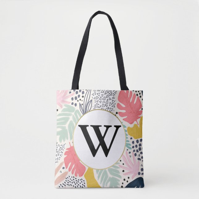 Monogram Bright Summee Tropical Collage Pattern Tote Bag (Front)