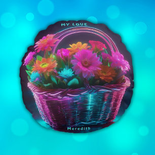 Monogram Brightly Coloured Flowers in a Basket Round Cushion