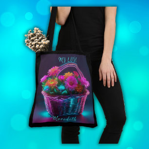 Monogram Brightly Coloured Flowers in a Basket Tote Bag
