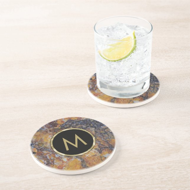 Monogram Brown and Black Marble Stone Texture Coaster (Side)