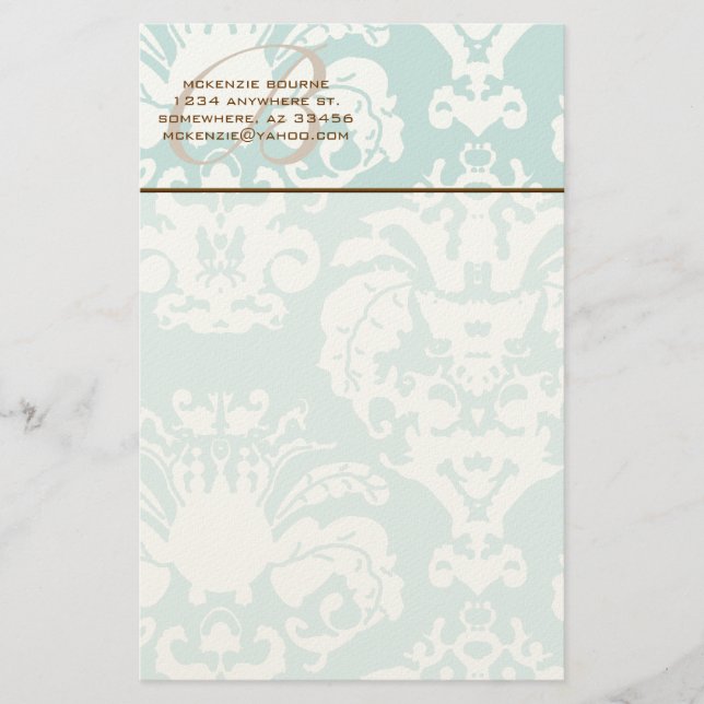 Monogram Brown & Aqua Blue Stationery (Front)