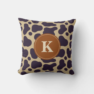 Monogram Brown Black Cow Print and Teal Accents Cushion