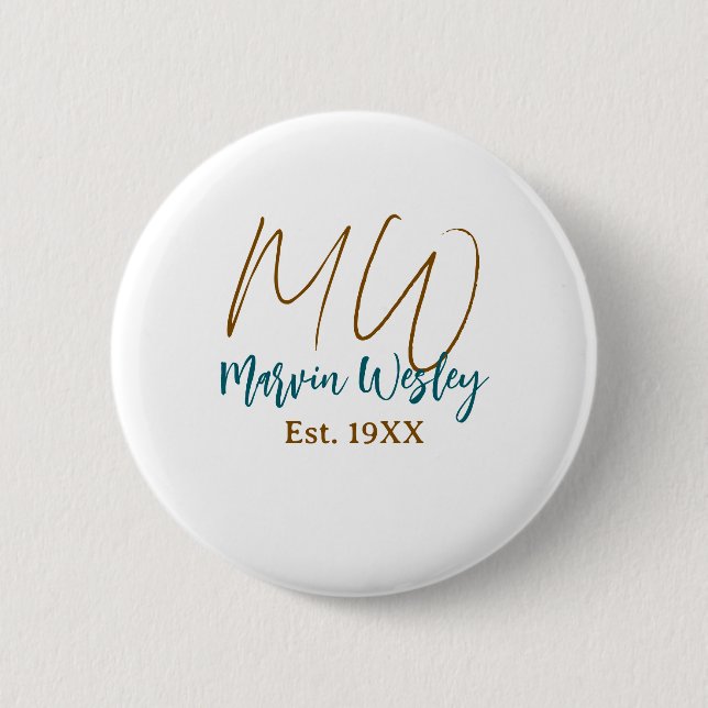Monogram brown blue turquoise est.year simple mini 6 cm round badge (Front)