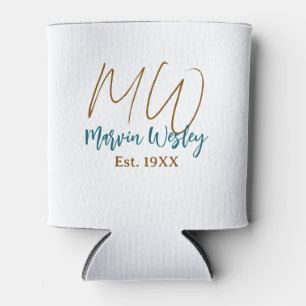 Monogram brown blue turquoise est.year simple mini can cooler