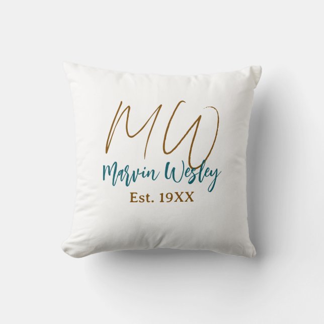 Monogram brown blue turquoise est.year simple mini cushion (Front)