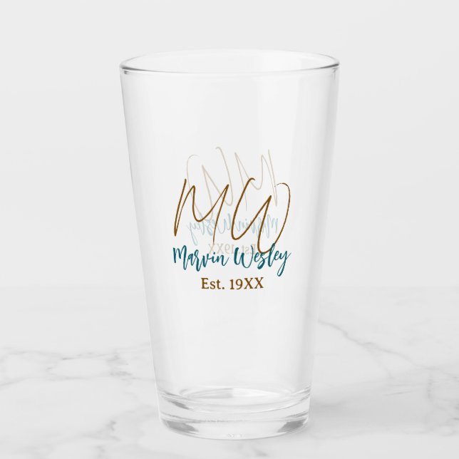 Monogram brown blue turquoise est.year simple mini glass (Front)