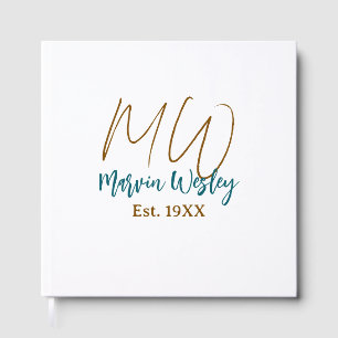 Monogram brown blue turquoise est.year simple mini guest book