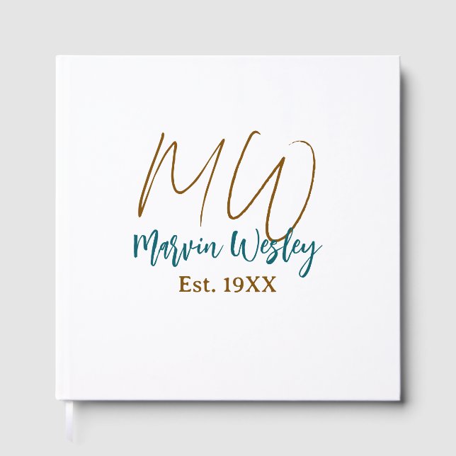 Monogram brown blue turquoise est.year simple mini guest book (Front)