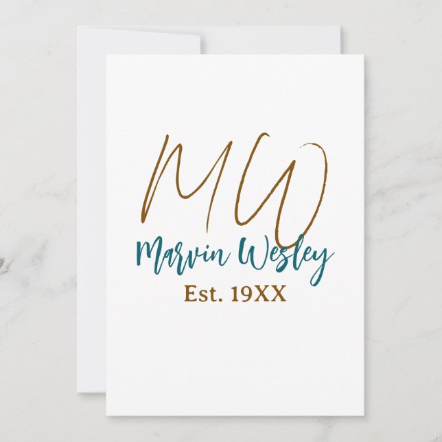 Monogram brown blue turquoise est.year simple mini invitation (Front)