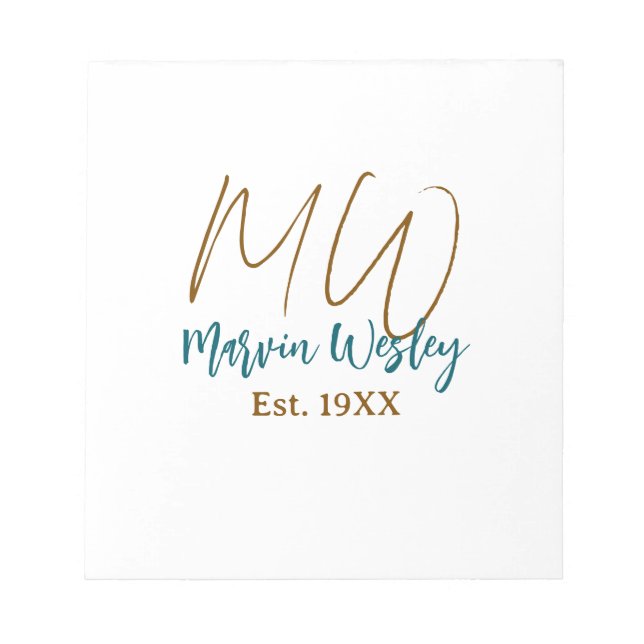 Monogram brown blue turquoise est.year simple mini notepad (Front)