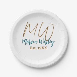 Monogram brown blue turquoise est.year simple mini paper plate