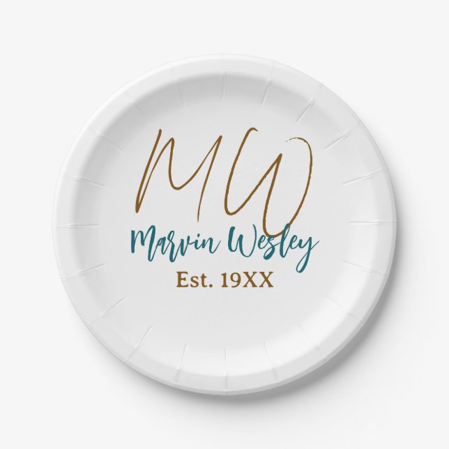 Monogram brown blue turquoise est.year simple mini paper plate (Front)