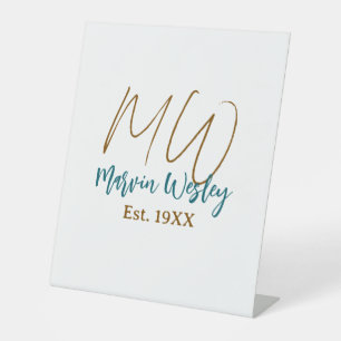 Monogram brown blue turquoise est.year simple mini pedestal sign