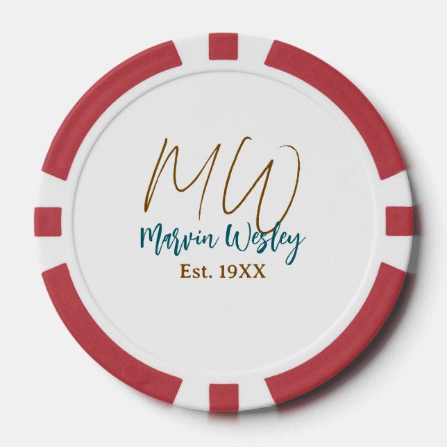 Monogram brown blue turquoise est.year simple mini poker chips (Front)