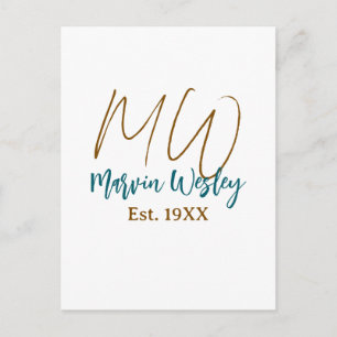 Monogram brown blue turquoise est.year simple mini postcard