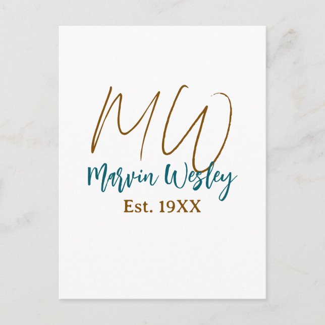 Monogram brown blue turquoise est.year simple mini postcard (Front)