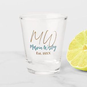 Monogram brown blue turquoise est.year simple mini shot glass