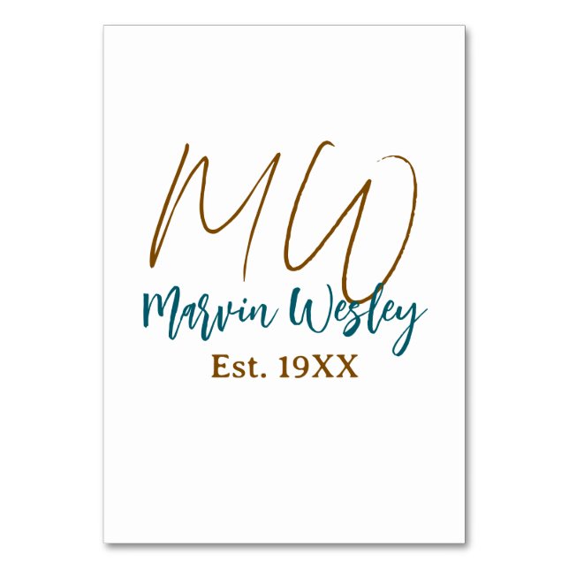 Monogram brown blue turquoise est.year simple mini table number (Front)