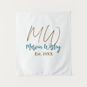 Monogram brown blue turquoise est.year simple mini tapestry