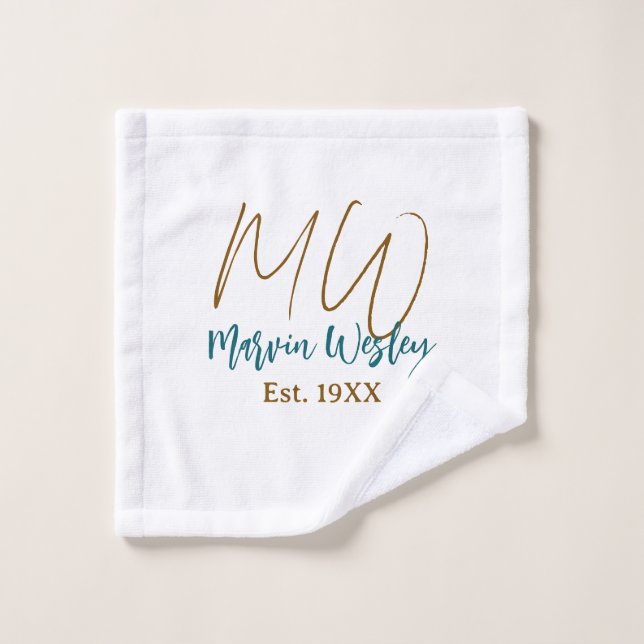 Monogram brown blue turquoise est.year simple mini wash cloth (Wash Cloth)