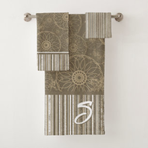 Monogram Brown Boho Pattern and White Stripes Bath Towel Set