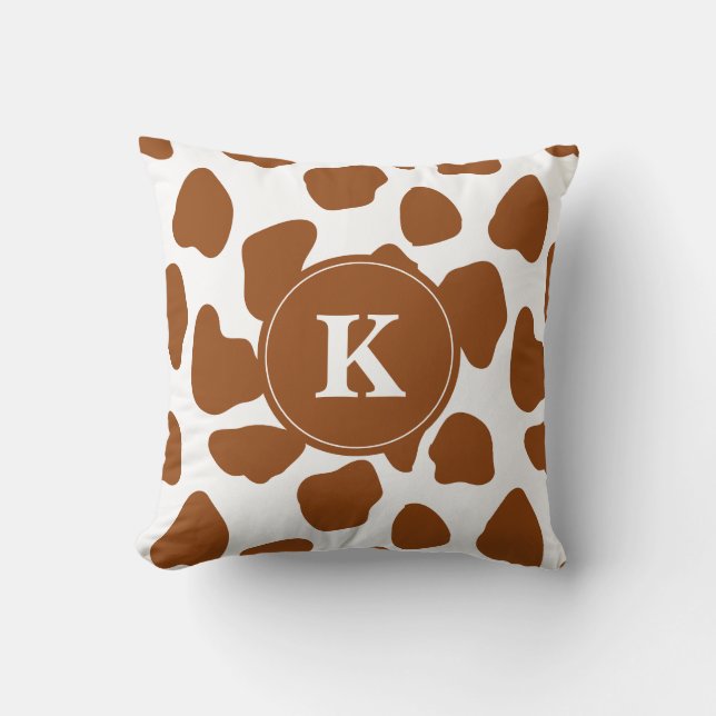 Monogram  Brown Cow Print and Teal Accents Pillow (Front)
