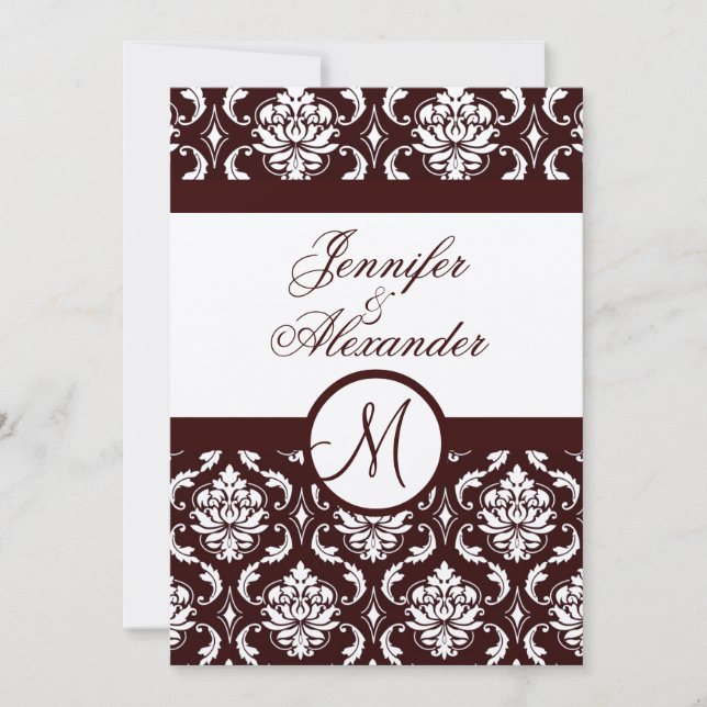 Monogram Brown Damask Invitation on Felt Paper (Front)
