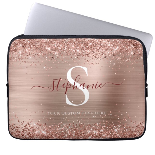 Monogram Brown Faux-Glitter Girly Glam Laptop Sleeve (Front)