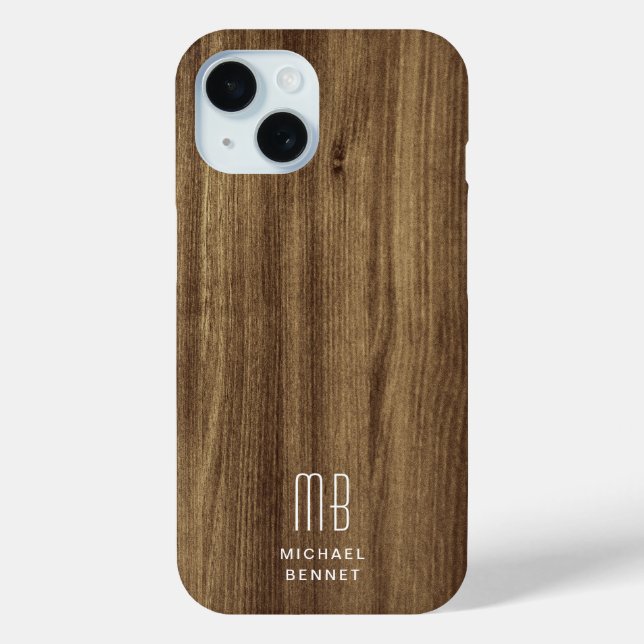 Monogram Brown Faux Wood Texture Case-Mate iPhone Case (Back)