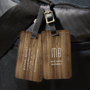 Monogram Brown Faux Wood Texture Luggage Tag