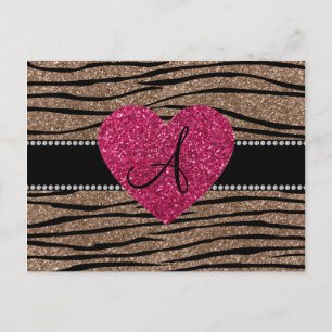 Monogram brown glitter zebra stripes pink heart postcard