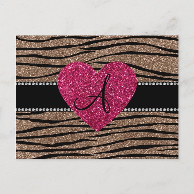 Monogram brown glitter zebra stripes pink heart postcard (Front)