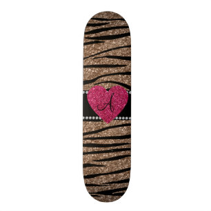 Monogram brown glitter zebra stripes pink heart skateboard