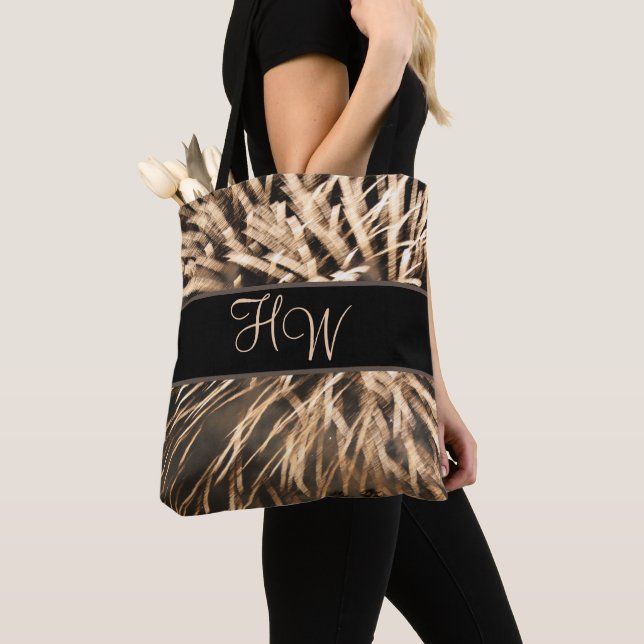Monogram Brown Gold Fireworks Tote Bag (Close Up)