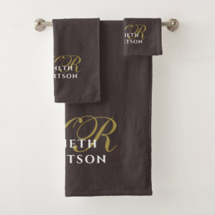 Monogram Brown Gold White Minimalist Elegant Men Bath Towel Set