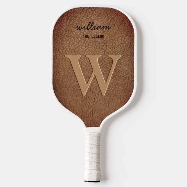 Monogram Brown Leather Script Name Rustic  Pickleball Paddle (Back)