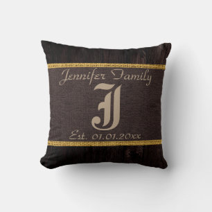 Monogram Brown Rustic Burlap Linen Wood Look Cushion