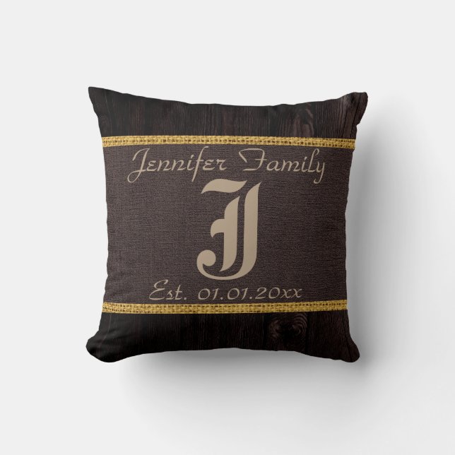 Monogram Brown Rustic Burlap Linen Wood Look Cushion (Front)