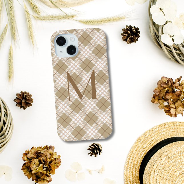 Monogram Brown Tan Beige Tartan Buffalo Plaid  Case-Mate iPhone Case (Brown Tan Beige Monogram Buffalo Plaid, Tartan plaid iPhone Samsung Cases)