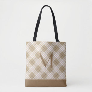Monogram Brown Tan Beige Tartan Buffalo Plaid  Tote Bag