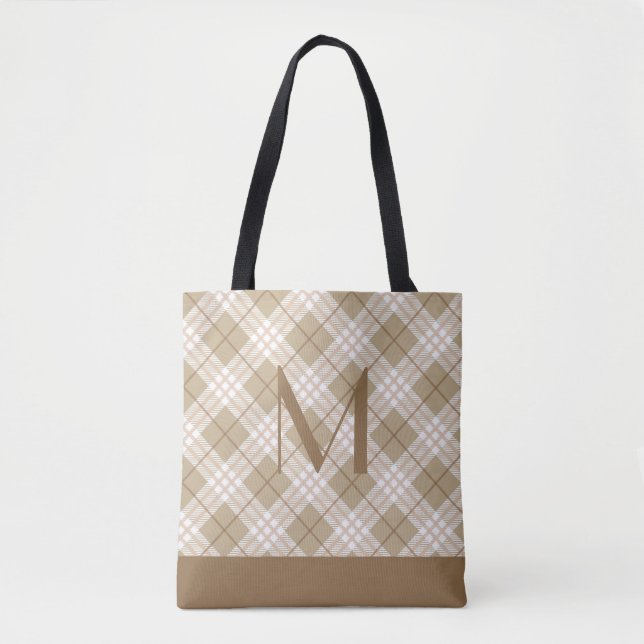 Monogram Brown Tan Beige Tartan Buffalo Plaid  Tote Bag (Front)
